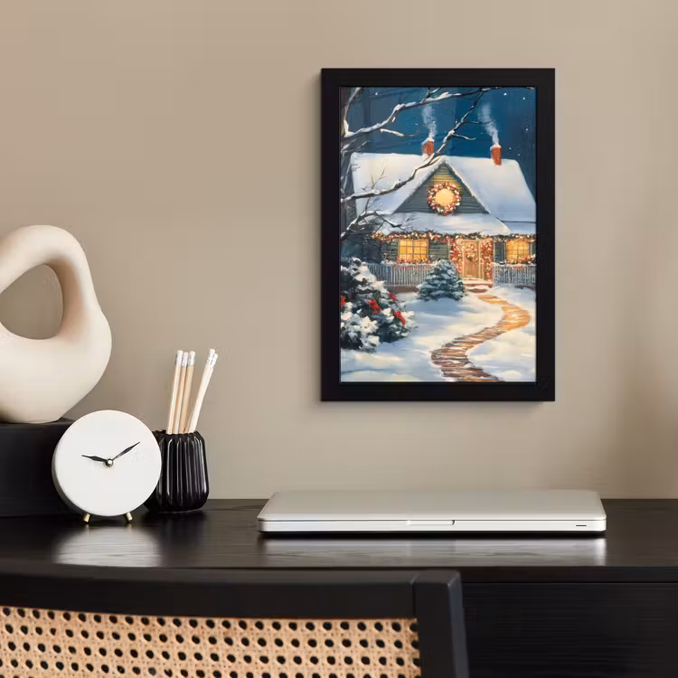 Poster met lijst - Kerst - Kerstboom - Winter - Huis - Sneeuw — 3