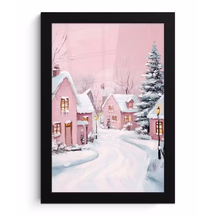 Poster met lijst - Kerstdorp - Roze - Winter - Sneeuw - Huizen — 1