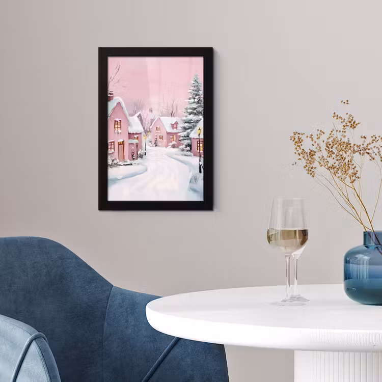Poster met lijst - Kerstdorp - Roze - Winter - Sneeuw - Huizen — 2