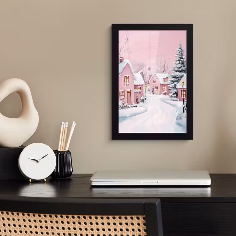 Poster met lijst - Kerstdorp - Roze - Winter - Sneeuw - Huizen — 3