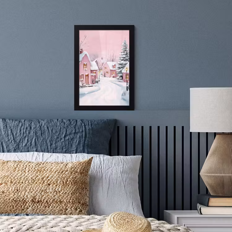 Poster met lijst - Kerstdorp - Roze - Winter - Sneeuw - Huizen — 4