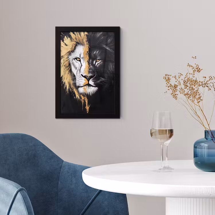 Poster met lijst - Leeuw - Gesplitst - Zwart - Lijn — 2
