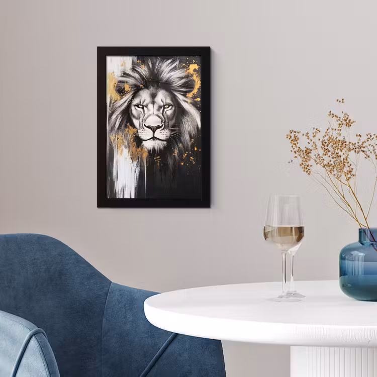 Poster met lijst - Leeuw - Portret - Verfspatten - Grijs — 2