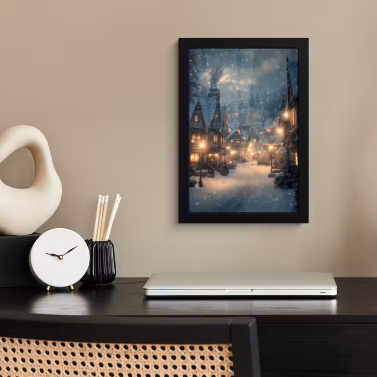 Poster met lijst - Winterdorp - Sneeuw - Donker — 3