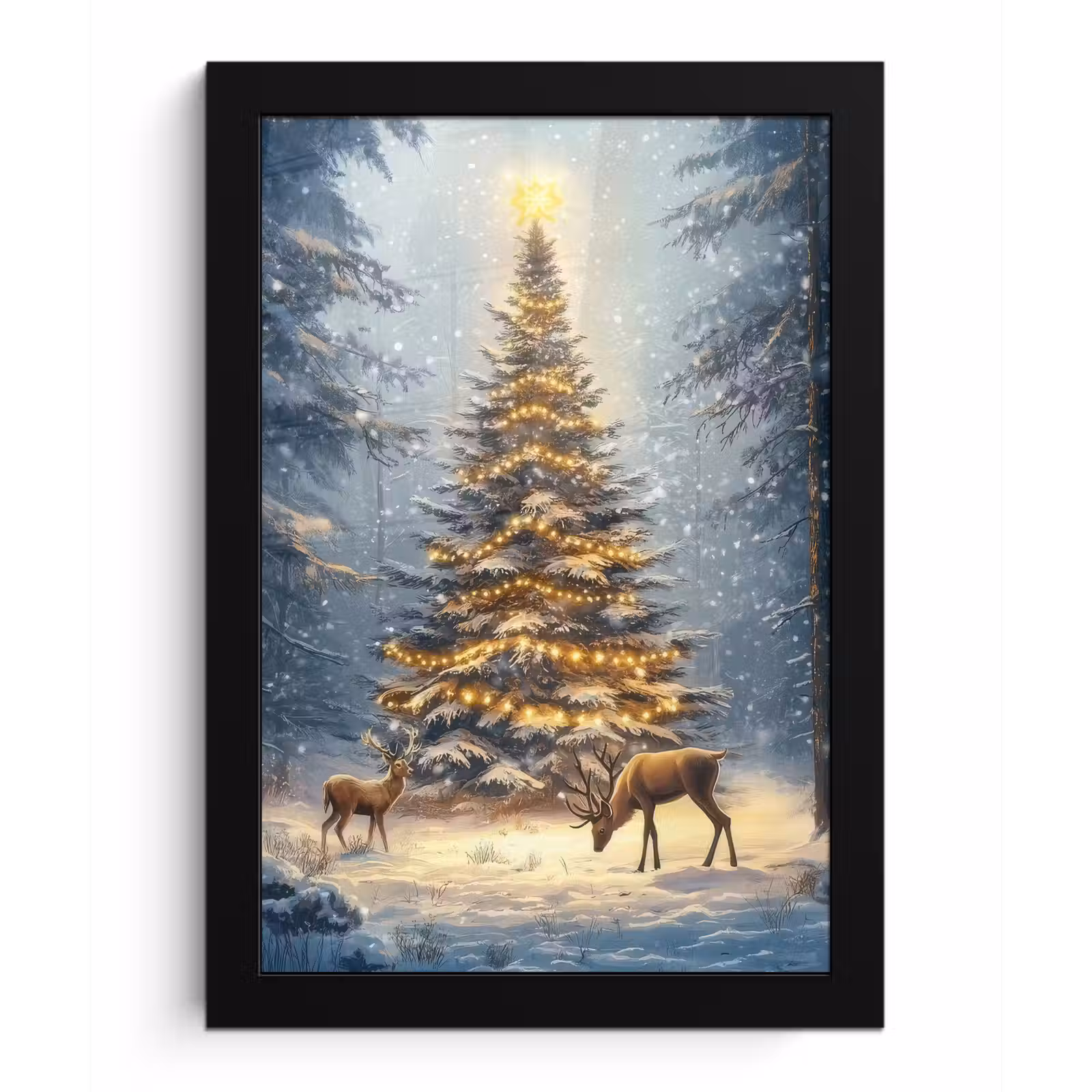 Poster met lijst - Kerstlicht - Woud - Hert - Donker — 1