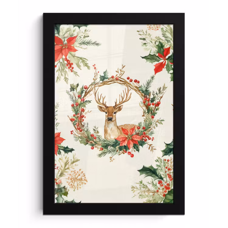Poster met lijst - Kerstkrans - Hert - Hulst - Rood — 1