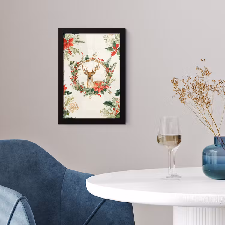 Poster met lijst - Kerstkrans - Hert - Hulst - Rood — 2