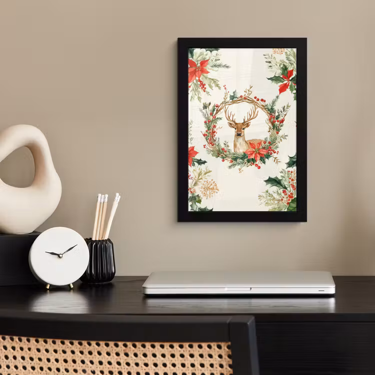 Poster met lijst - Kerstkrans - Hert - Hulst - Rood — 3