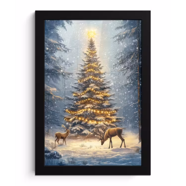 Poster met lijst - Kerstlicht - Woud - Hert - Donker — 1