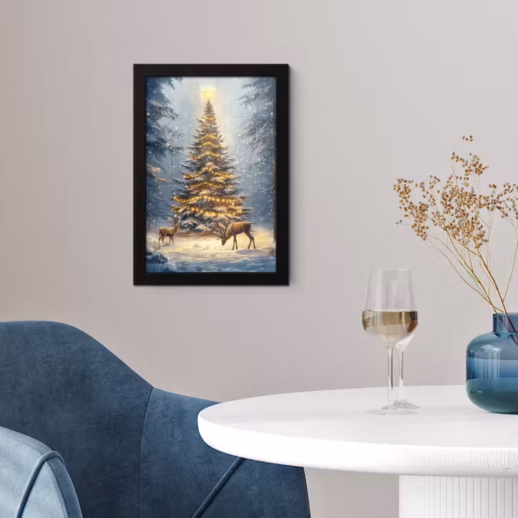 Poster met lijst - Kerstlicht - Woud - Hert - Donker — 2