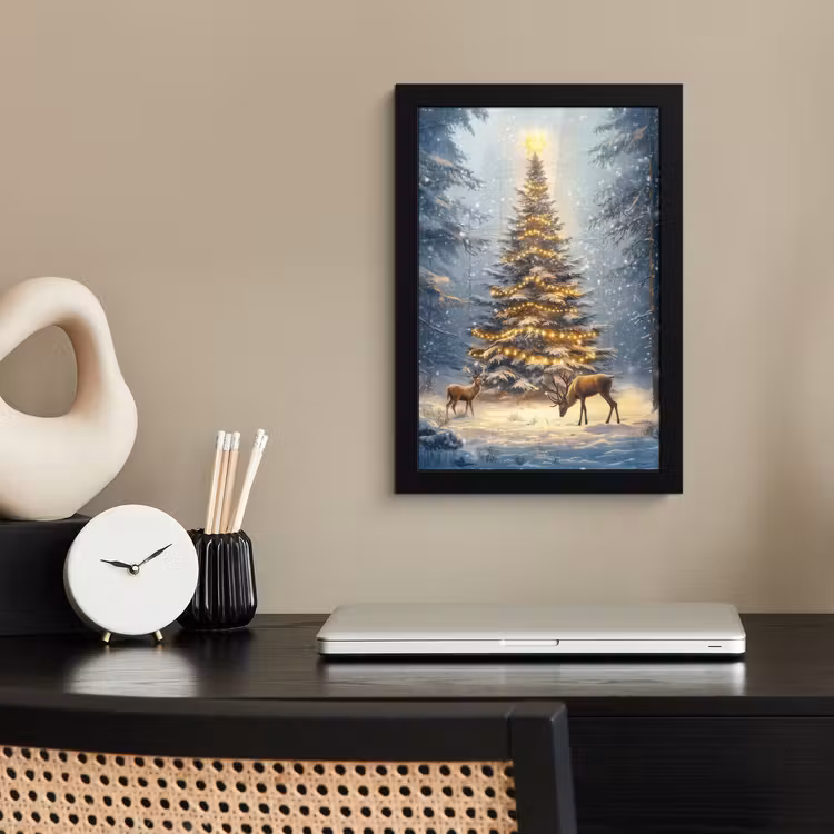 Poster met lijst - Kerstlicht - Woud - Hert - Donker — 3
