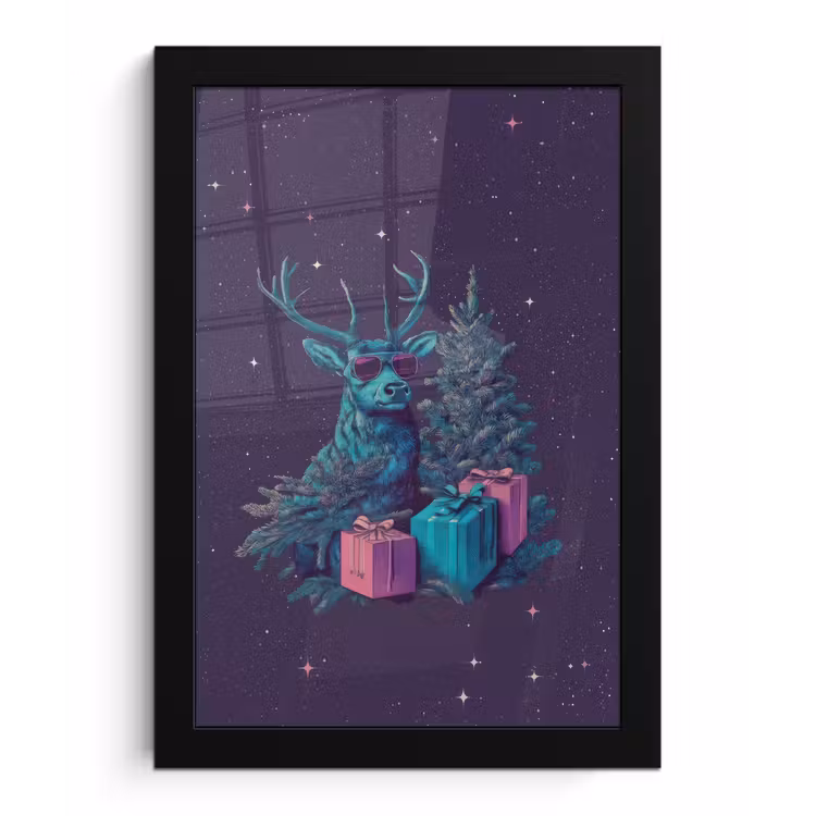 Poster met lijst - Rendier - Zonnebril - Neon - Kerstboom — 1