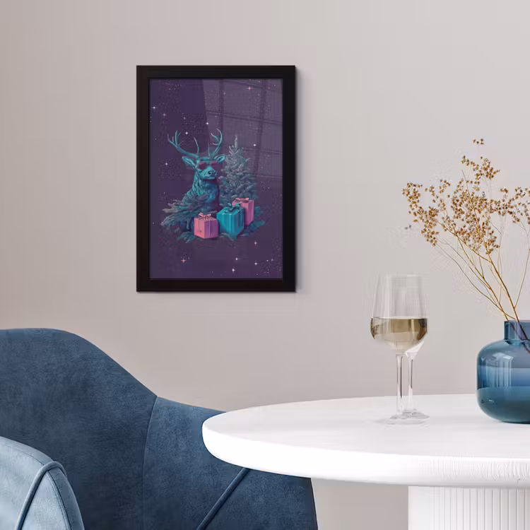 Poster met lijst - Rendier - Zonnebril - Neon - Kerstboom — 2