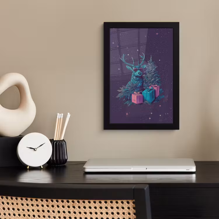 Poster met lijst - Rendier - Zonnebril - Neon - Kerstboom — 3