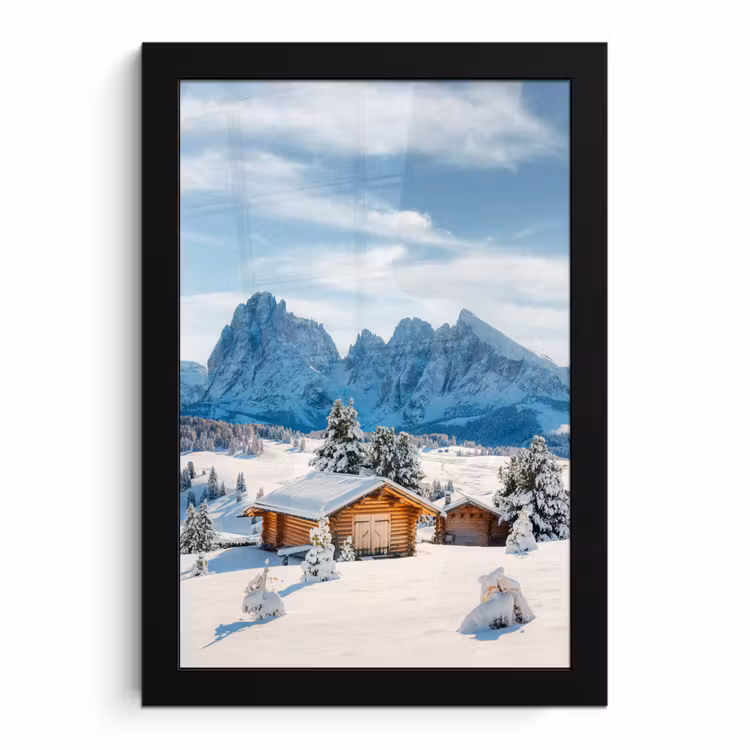 Poster met lijst - Winter - Huisje - Bergen - Uitzicht - Sneeuw — 1