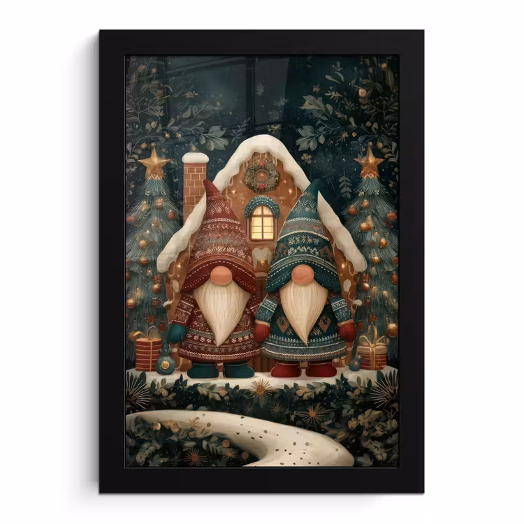 Poster met lijst - Kerst - Gnomen - Peperkoekhuisje - Rood - Groen — 1
