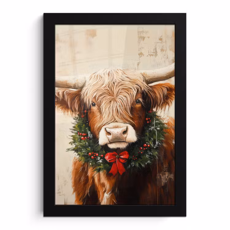 Poster met lijst - Kerst - Schotse Hooglander - Bruin - Krans — 1