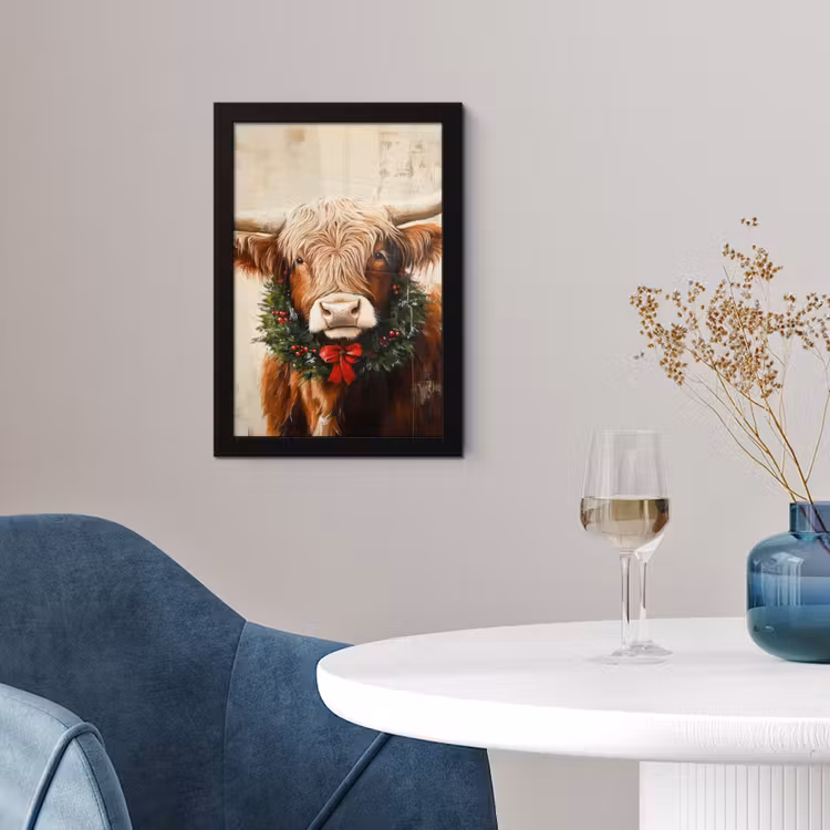 Poster met lijst - Kerst - Schotse Hooglander - Bruin - Krans — 2