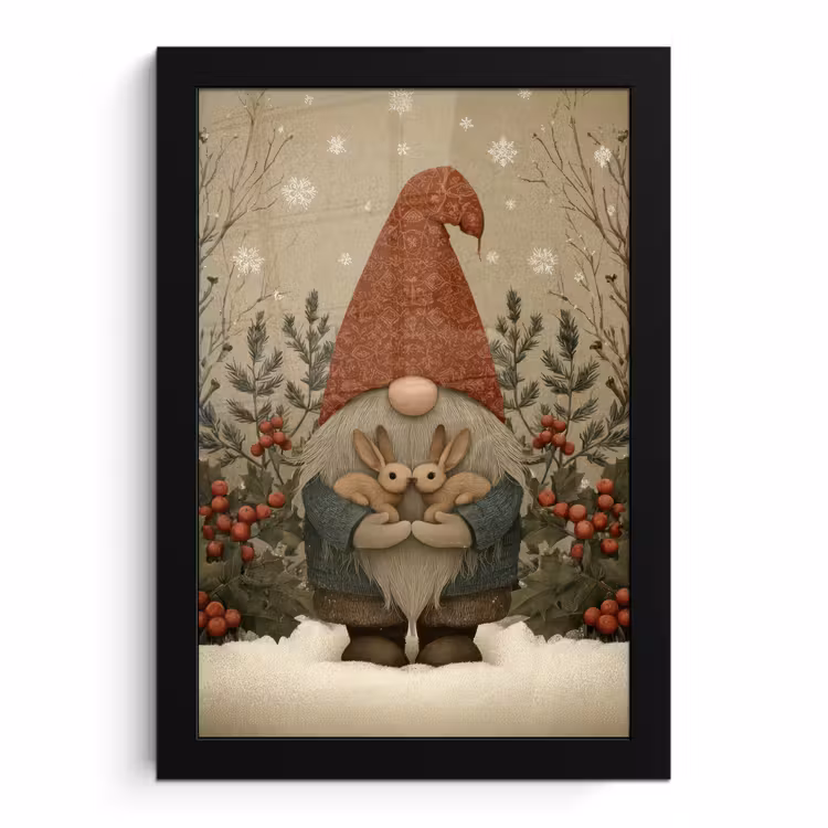 Poster met lijst - Kerstgnome - Konijntjes - Kleurrijk — 1