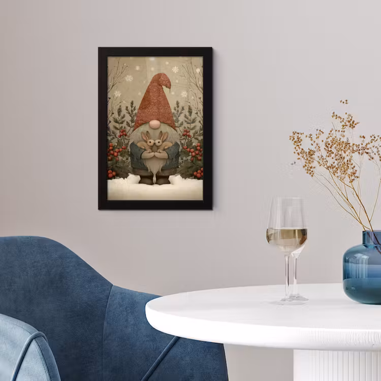Poster met lijst - Kerstgnome - Konijntjes - Kleurrijk — 2