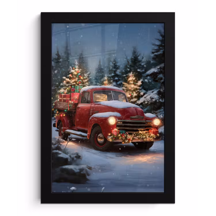 Poster met lijst - Kersttruck - Sneeuwbos - Rood — 1