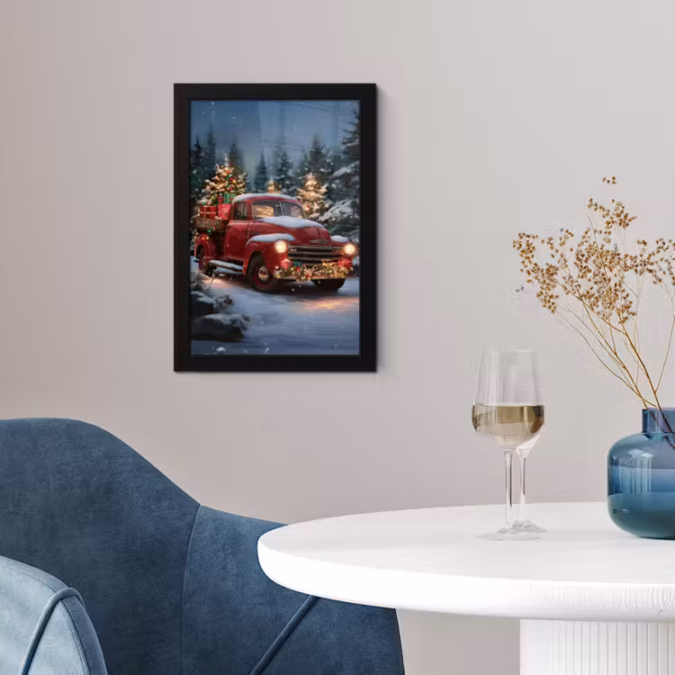 Poster met lijst - Kersttruck - Sneeuwbos - Rood — 2