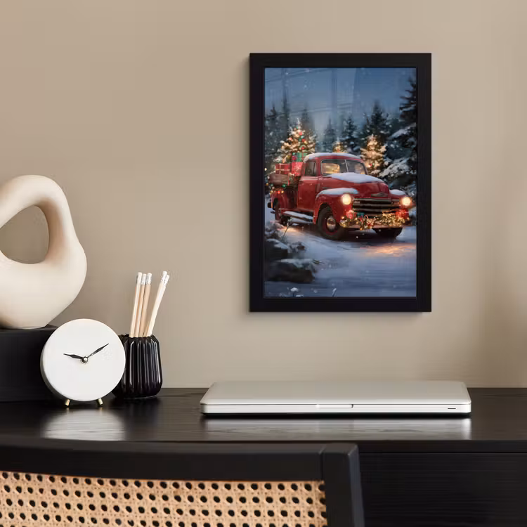 Poster met lijst - Kersttruck - Sneeuwbos - Rood — 3