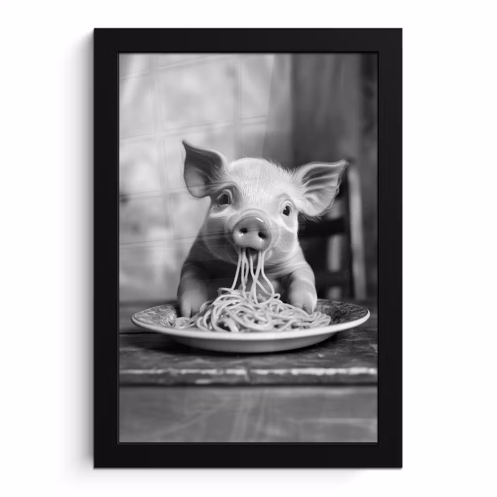 Poster met lijst - Varken - Schattig - Spaghetti - Zwart wit - Dier — 1