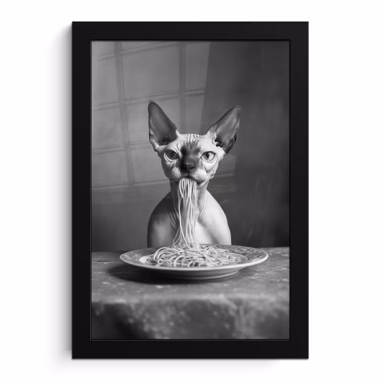 Poster met lijst - Sphynx - Kat - Dieren - Humor - Spaghetti - Zwart Wit — 1