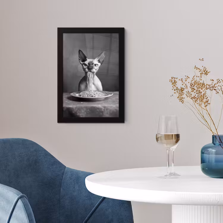 Poster met lijst - Sphynx - Kat - Dieren - Humor - Spaghetti - Zwart Wit — 2