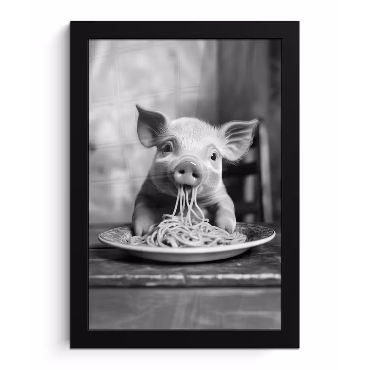 Poster met lijst - Varken - Schattig - Spaghetti - Zwart wit - Dier — 1