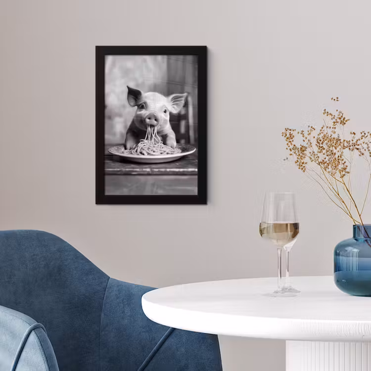 Poster met lijst - Varken - Schattig - Spaghetti - Zwart wit - Dier — 2
