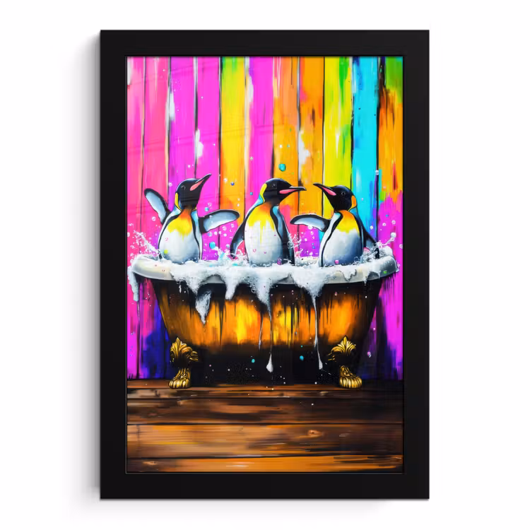 Poster met lijst - Pinguïns - Badkuip - Kleurrijk - Schuim — 1