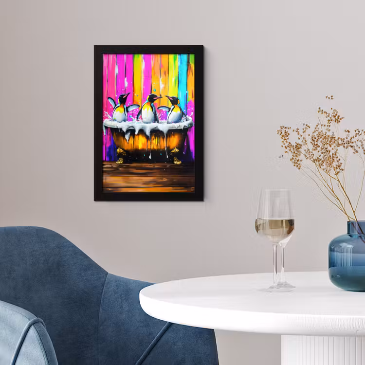 Poster met lijst - Pinguïns - Badkuip - Kleurrijk - Schuim — 2