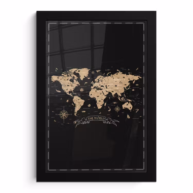 Poster met lijst - Wereldkaart - Beige - Zwart — 1