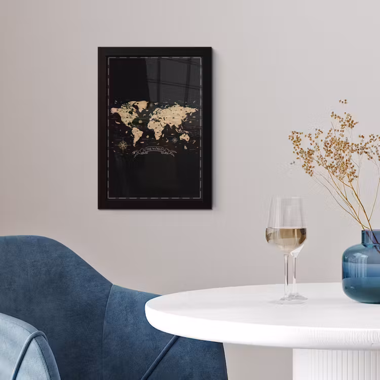 Poster met lijst - Wereldkaart - Beige - Zwart — 2