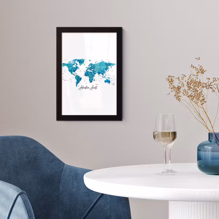 Poster met lijst - Wereldkaart - Blauw - Kleurrijk — 2