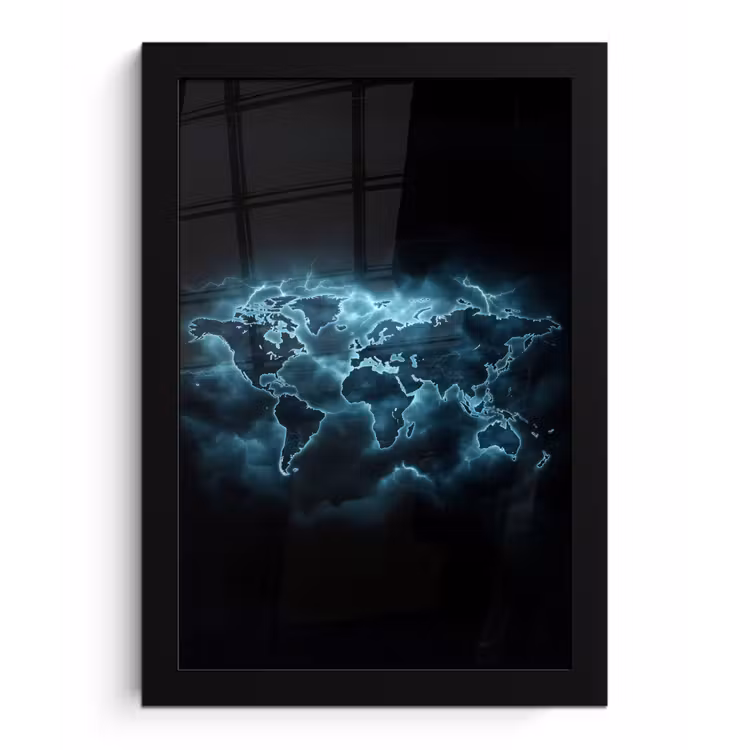 Poster met lijst - Wereldkaart - Bliksem - Blauw — 1