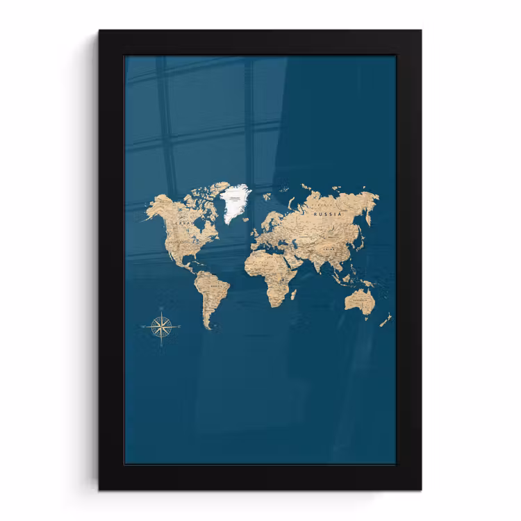 Poster met lijst - Wereldkaart - Donkerblauw - Beige — 1