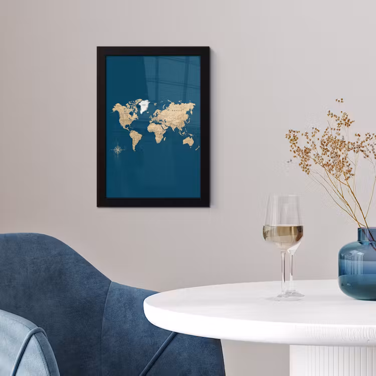 Poster met lijst - Wereldkaart - Donkerblauw - Beige — 2