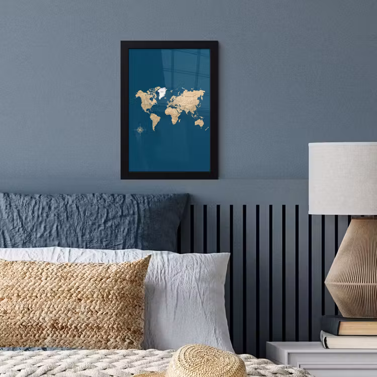 Poster met lijst - Wereldkaart - Donkerblauw - Beige — 4