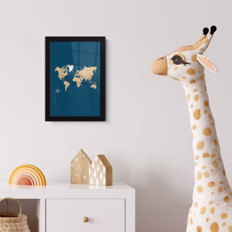 Poster met lijst - Wereldkaart - Donkerblauw - Beige — 5