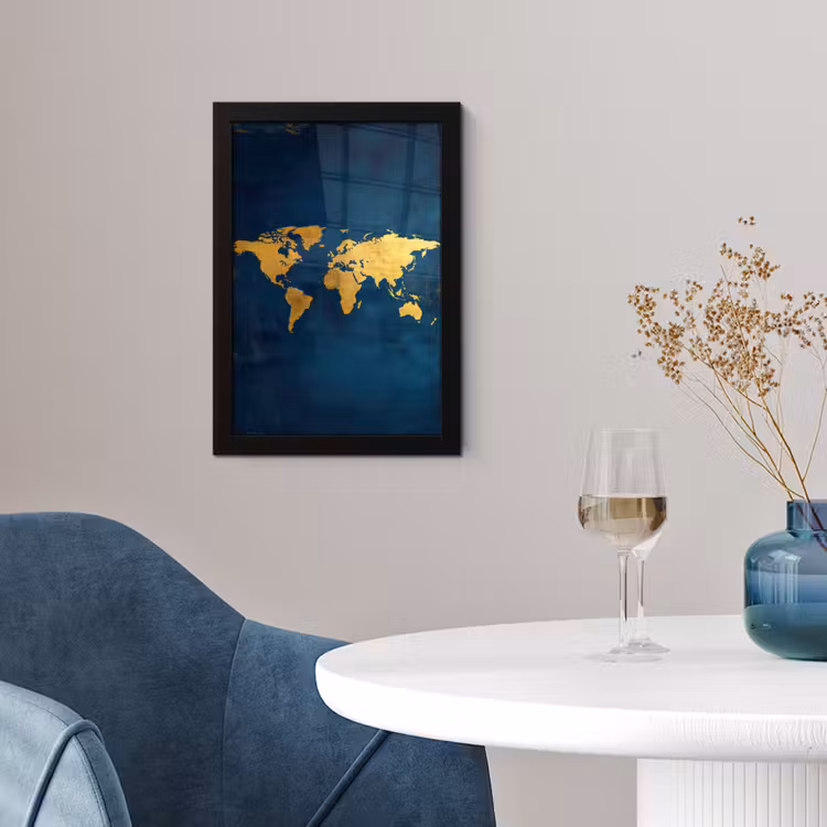 Poster met lijst - Wereldkaart - Goud - Donkerblauw — 2