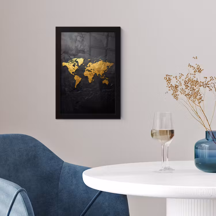Poster met lijst - Wereldkaart - Goud - Steen — 2