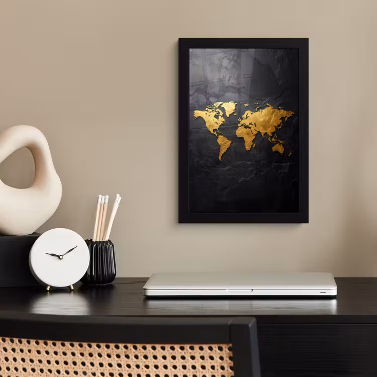 Poster met lijst - Wereldkaart - Goud - Steen — 3
