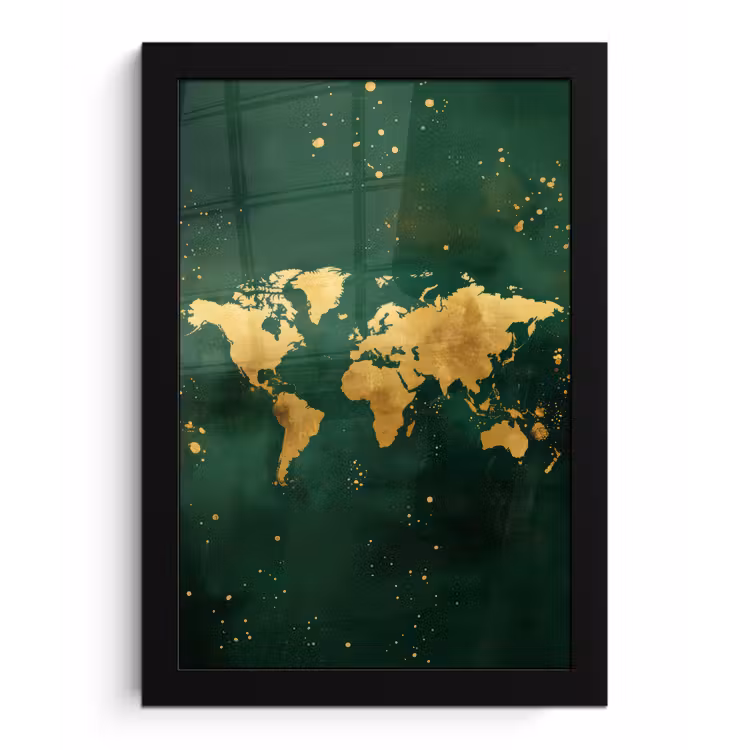 Poster met lijst - Wereldkaart - Groen - Goud — 1