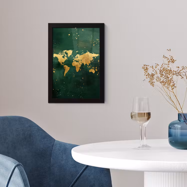 Poster met lijst - Wereldkaart - Groen - Goud — 2