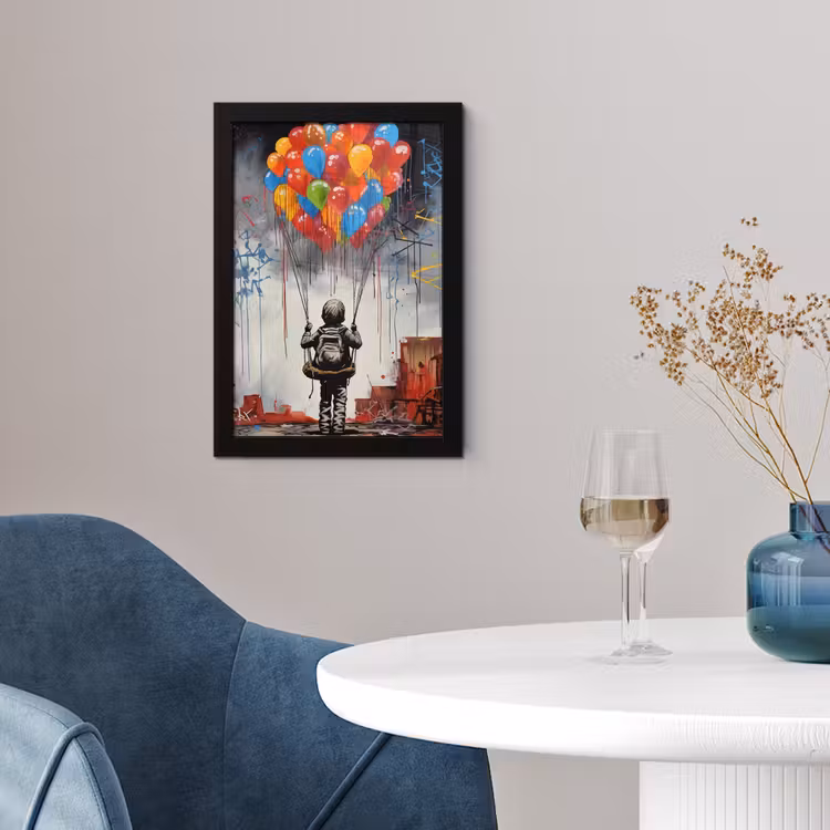 Poster met lijst - Jongen - Ballonnen - Gebouwen - Kunst — 2