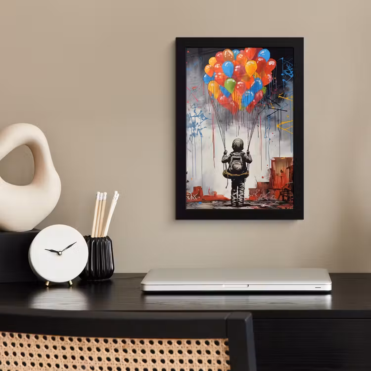 Poster met lijst - Jongen - Ballonnen - Gebouwen - Kunst — 3