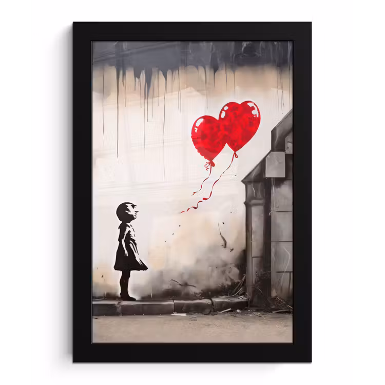 Poster met lijst - Kunst - Meisje - Ballonnen - Hart - Grijs — 1